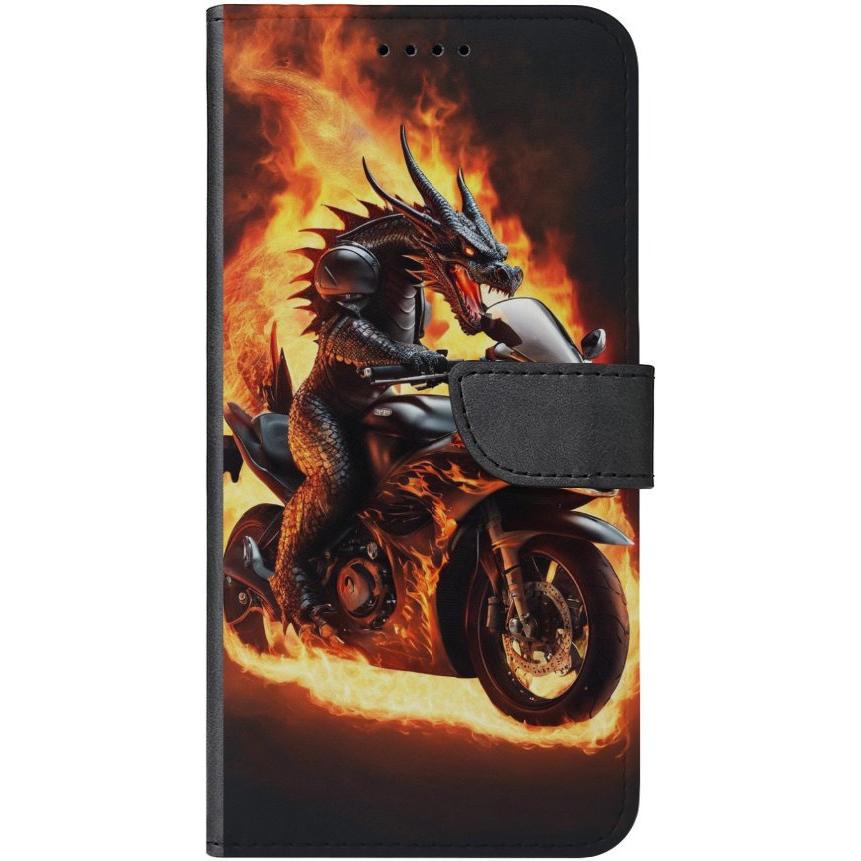 iPhone 13 Handyhülle aus Kunstleder mit Lasche Motiv 24 Drache auf Motorrad - personalisierbar