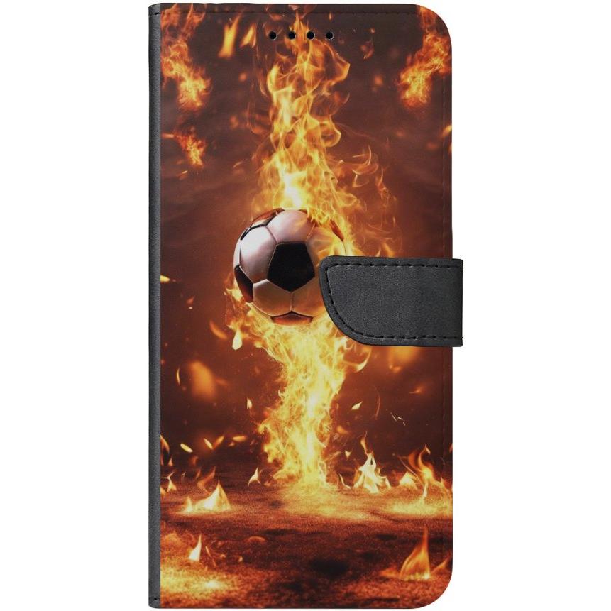iPhone 14 Plus Handyhülle aus Kunstleder mit Lasche Motiv 37 Fußball in Feuer - personalisierbar