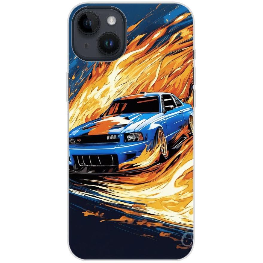 Handyhülle iPhone 14 Plus aus transparentem Silikon mit Motiv 15 blaues Auto in Flammen - personalisierbar