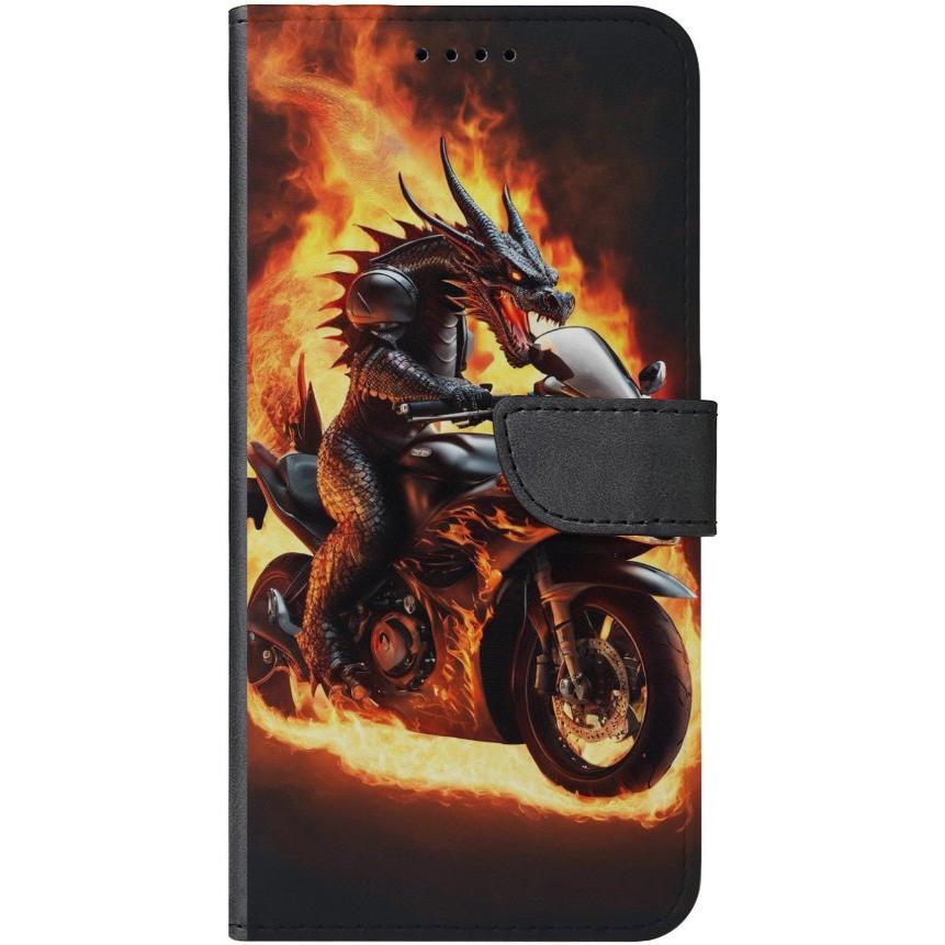 iPhone 14 Pro Handyhülle aus Kunstleder mit Lasche Motiv 24 Drache auf Motorrad - personalisierbar