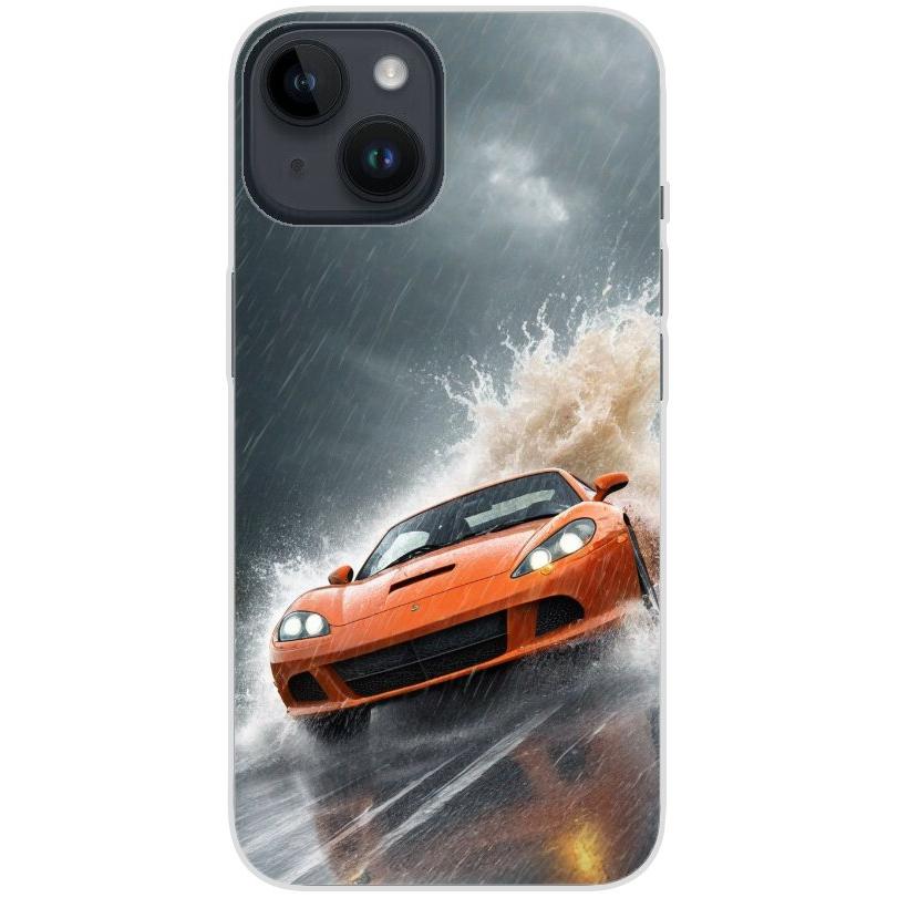 Handyhülle iPhone 14 aus transparentem Silikon mit Motiv 4 oranger Sportwagen - personalisierbar