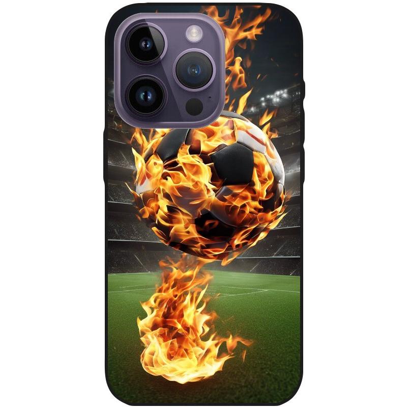 Hülle iPhone 14 Pro - Silikonhülle schwarz mit Motiv 38 Fußball in Flammen - personalisierbar