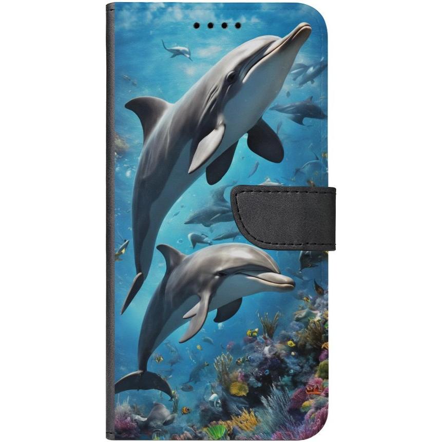 iPhone 13 Handyhülle aus Kunstleder mit Lasche Motiv 40 Delfine - personalisierbar