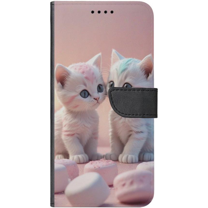 iPhone 15 Plus Handyhülle aus Kunstleder mit Lasche Motiv 46 Kätzchen Rosa - personalisierbar