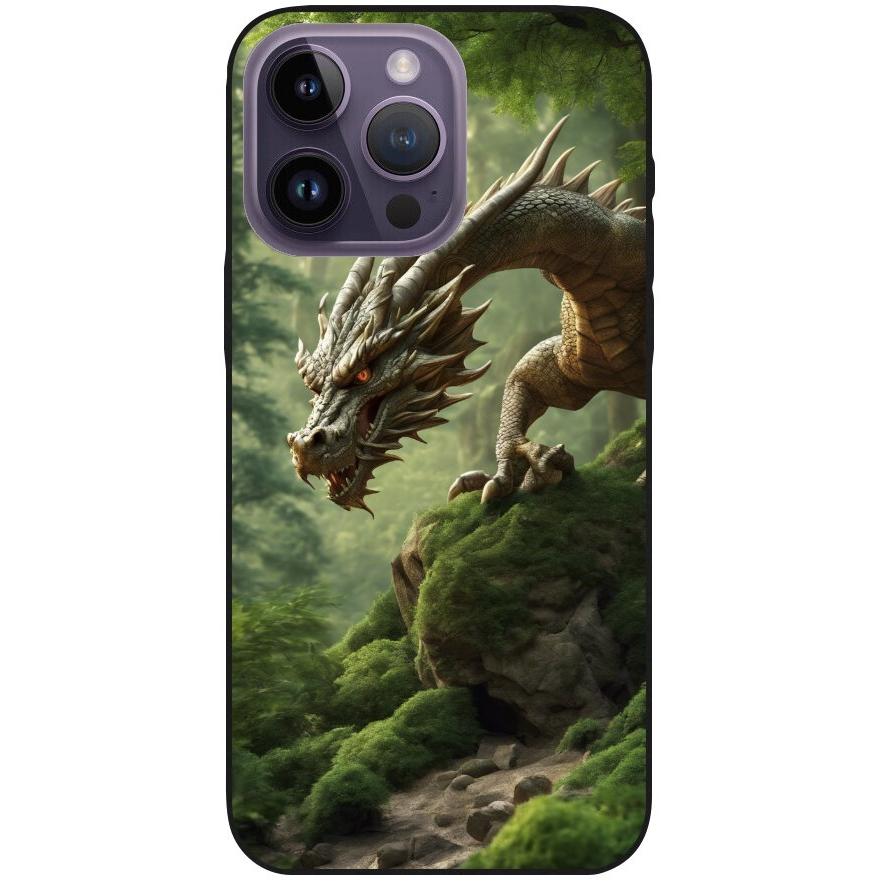 Hülle iPhone 14 Pro Max - Silikonhülle schwarz mit Motiv 45 Drache Felsen grün - personalisierbar