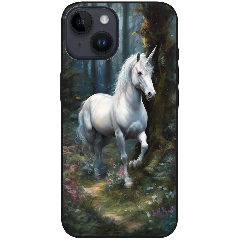 Hülle iPhone 14 - Silikonhülle schwarz mit Motiv 44 Einhorn weiß - personalisierbar