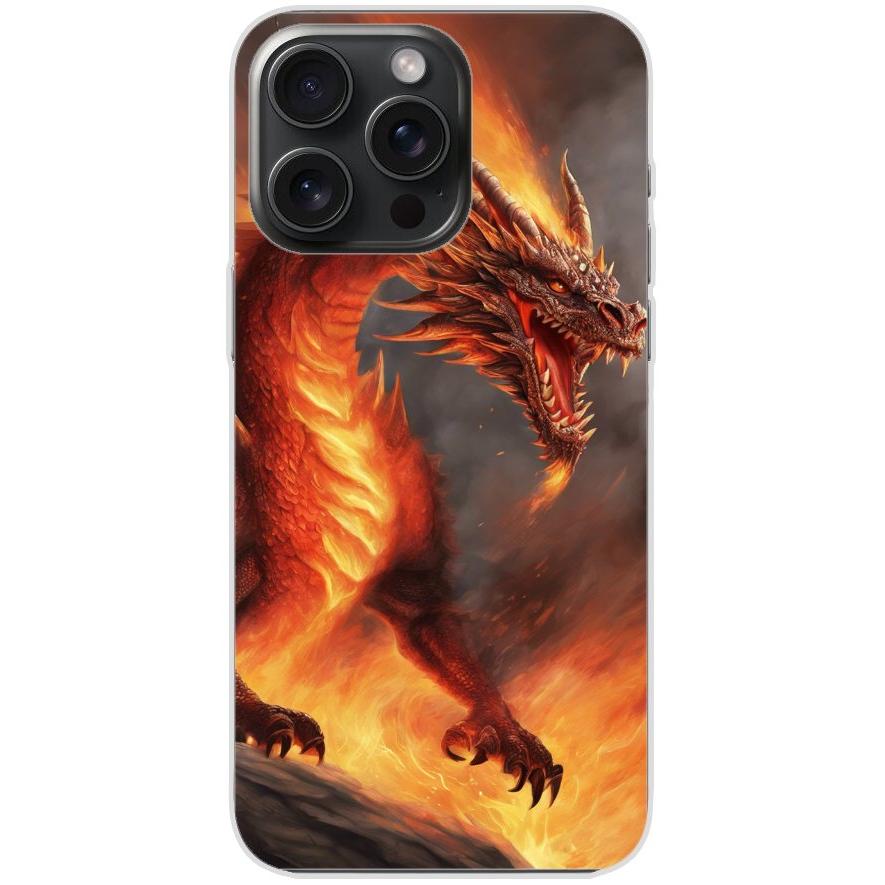 Handyhülle iPhone 15 Pro Max aus transparentem Silikon mit Motiv 5 Drache in Flammen - personalisierbar