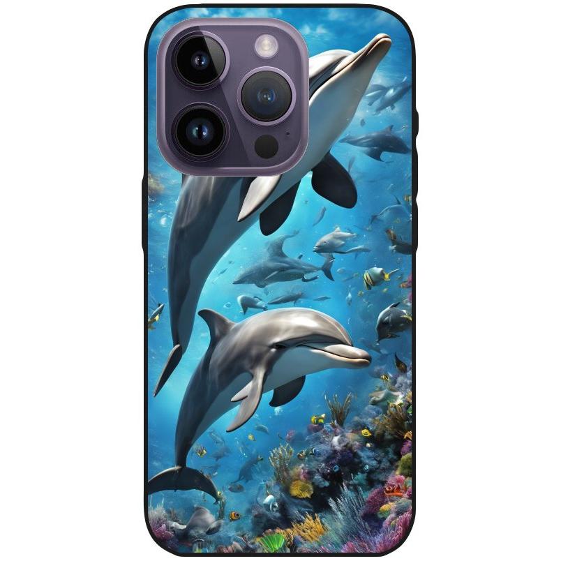 Hülle iPhone 14 Pro - Silikonhülle schwarz mit Motiv 40 Delfine - personalisierbar
