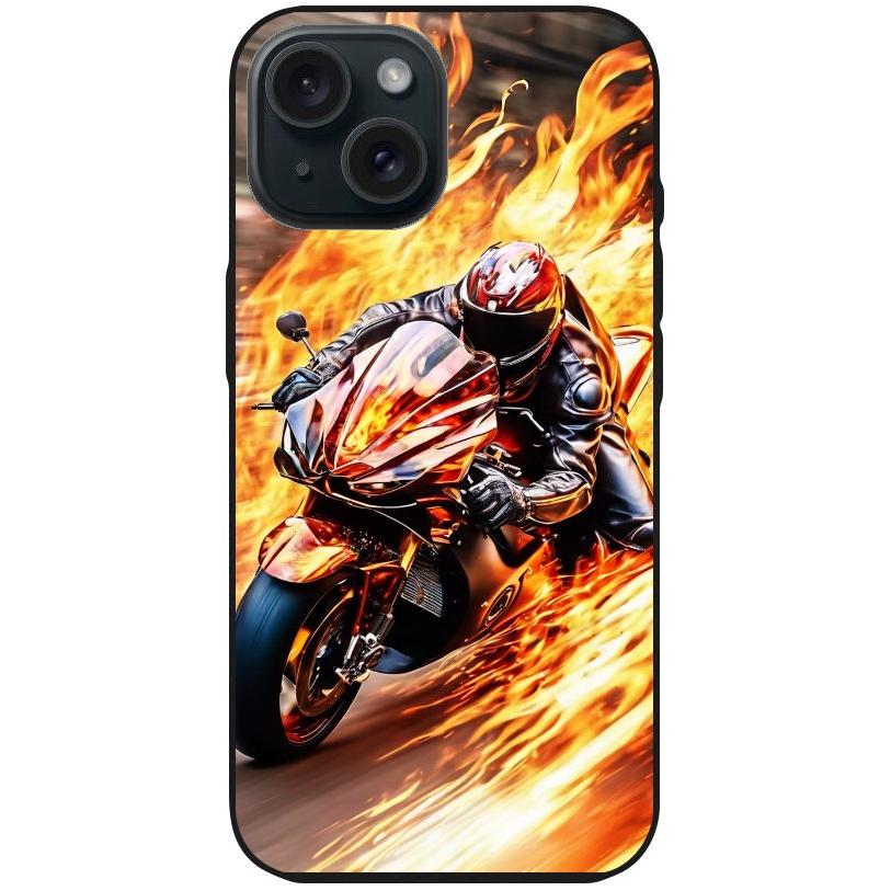 Handyhülle iPhone 15 - Silikonhülle schwarz mit Motiv 14 Motorradfahrer in Flammen - personalisierbar