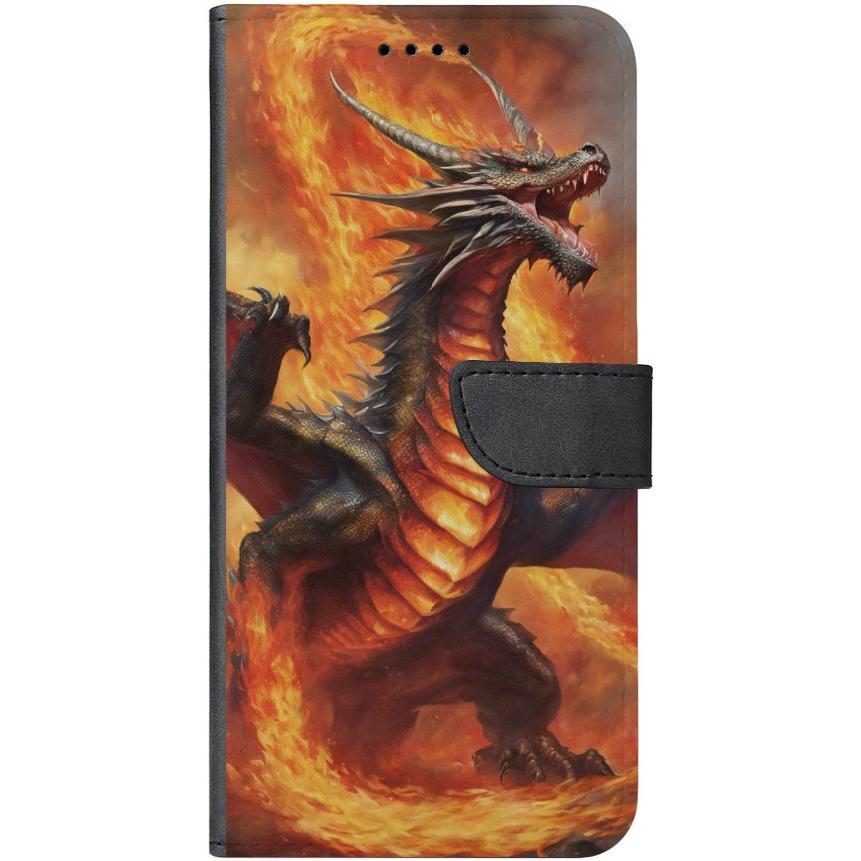 iPhone 14 Plus Handyhülle aus Kunstleder mit Lasche Motiv 12 Drache in Flammen - personalisierbar