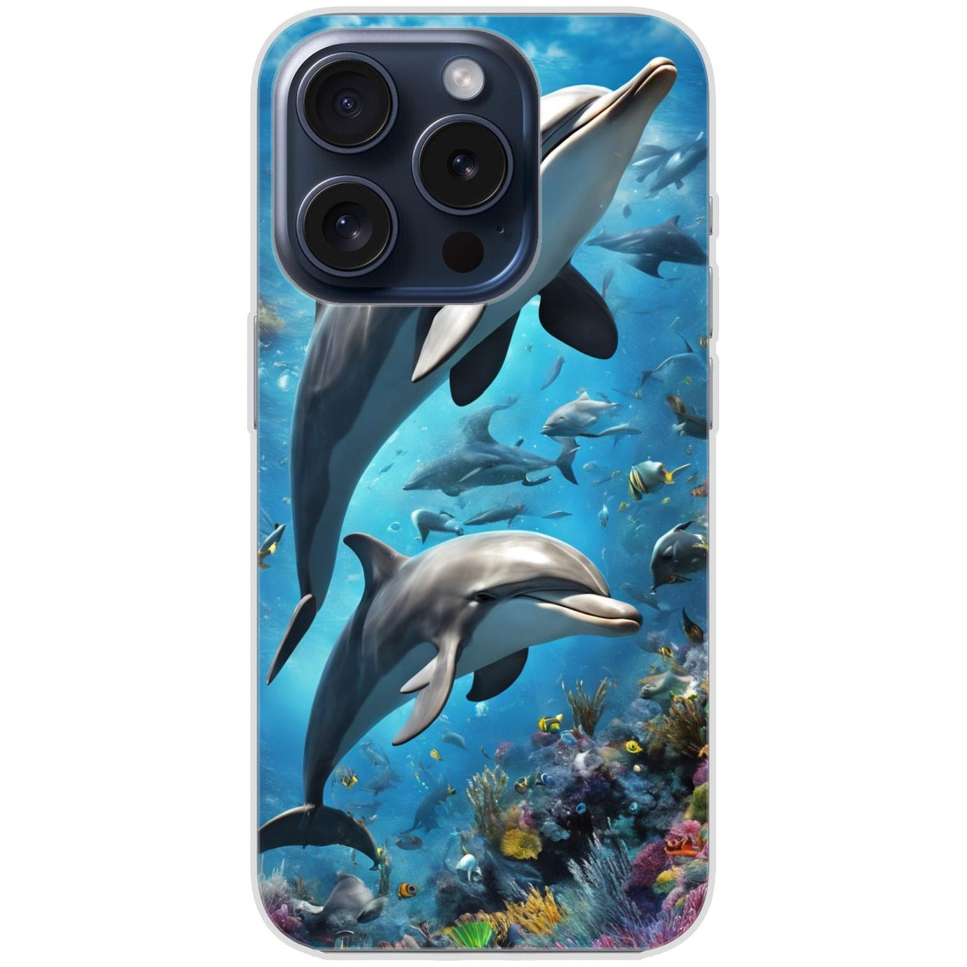 Handyhülle iPhone 15 Pro aus transparentem Silikon mit Motiv 40 Delfine - personalisierbar
