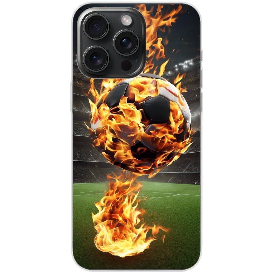 Handyhülle iPhone 15 Pro Max aus transparentem Silikon mit Motiv 38 Fußball in Flammen - personalisierbar