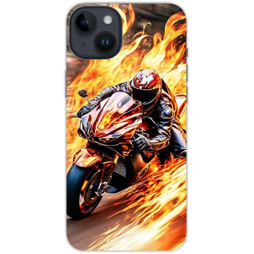 Handyhülle iPhone 14 Plus aus transparentem Silikon mit Motiv 14 Motorradfahrer in Flammen - personalisierbar