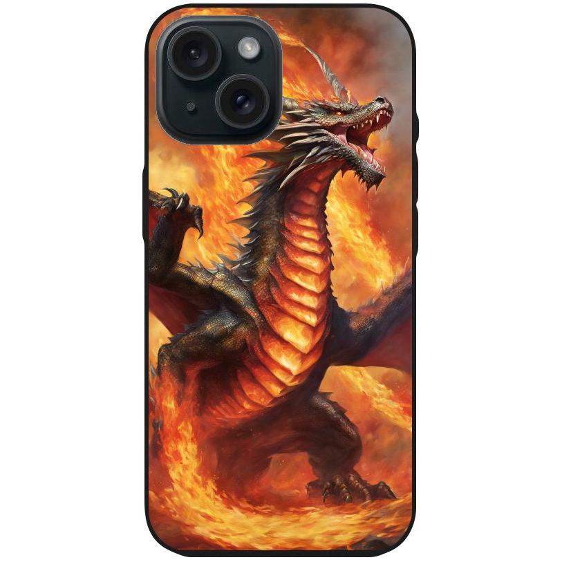Handyhülle iPhone 15 - Silikonhülle schwarz mit Motiv 12 Drache in Flammen - personalisierbar