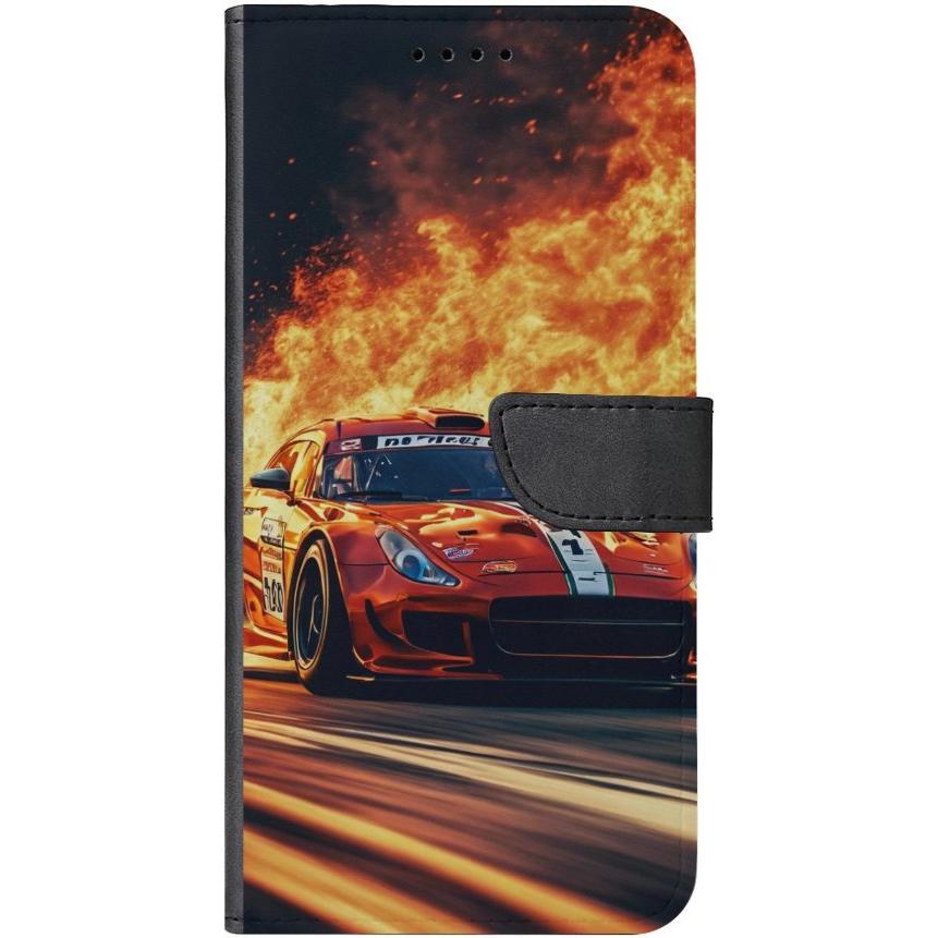 iPhone 13 Handyhülle aus Kunstleder mit Lasche Motiv 28 roter Sportwagen in Flammen - personalisierbar