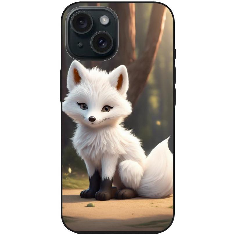 Handyhülle iPhone 15 - Silikonhülle schwarz mit Motiv 16 weißer Fuchs animiert - personalisierbar