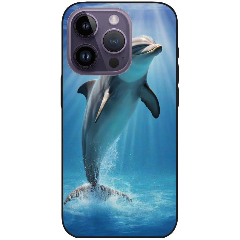 Hülle iPhone 14 Pro - Silikonhülle schwarz mit Motiv 39 einzelner Delfin - personalisierbar