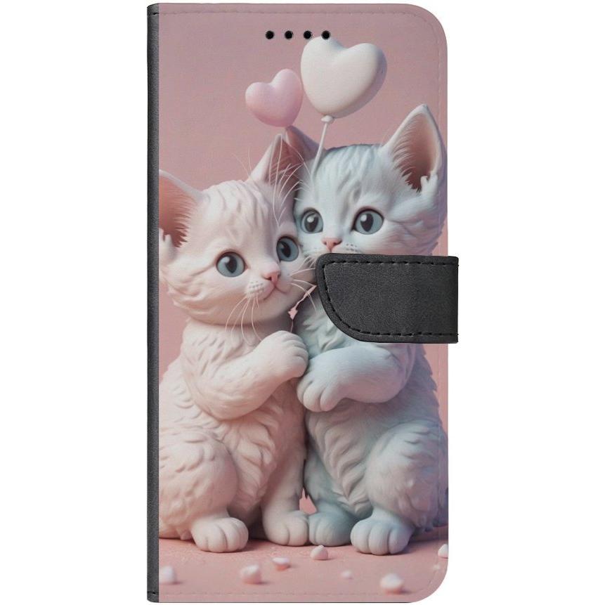 iPhone 14 Plus Handyhülle aus Kunstleder mit Lasche Motiv 1 zwei Kätzchen mit Herzen rosa - personalisierbar