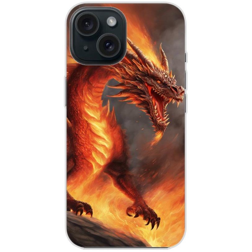 Handyhülle iPhone 15 aus transparentem Silikon mit Motiv 5 Drache in Flammen - personalisierbar