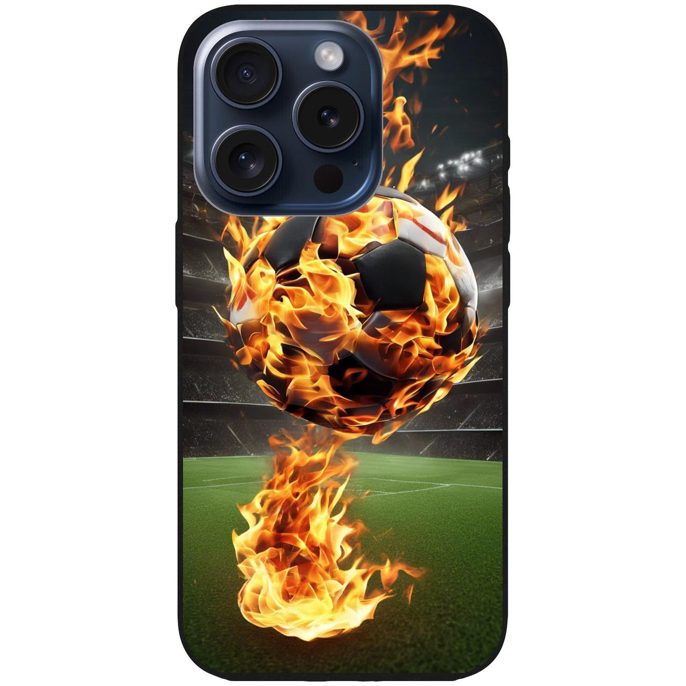 Handyhülle iPhone 15 Pro - Silikonhülle schwarz mit Motiv 38 Fußball in Flammen - personalisierbar
