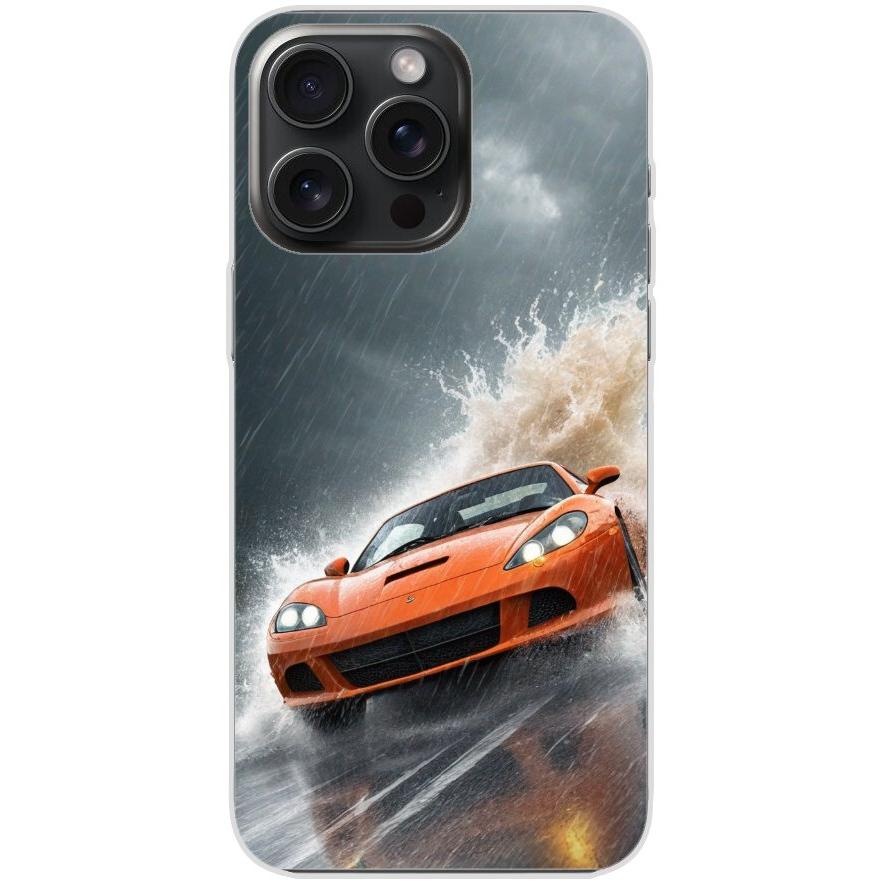 Handyhülle iPhone 15 Pro Max aus transparentem Silikon mit Motiv 4 oranger Sportwagen - personalisierbar