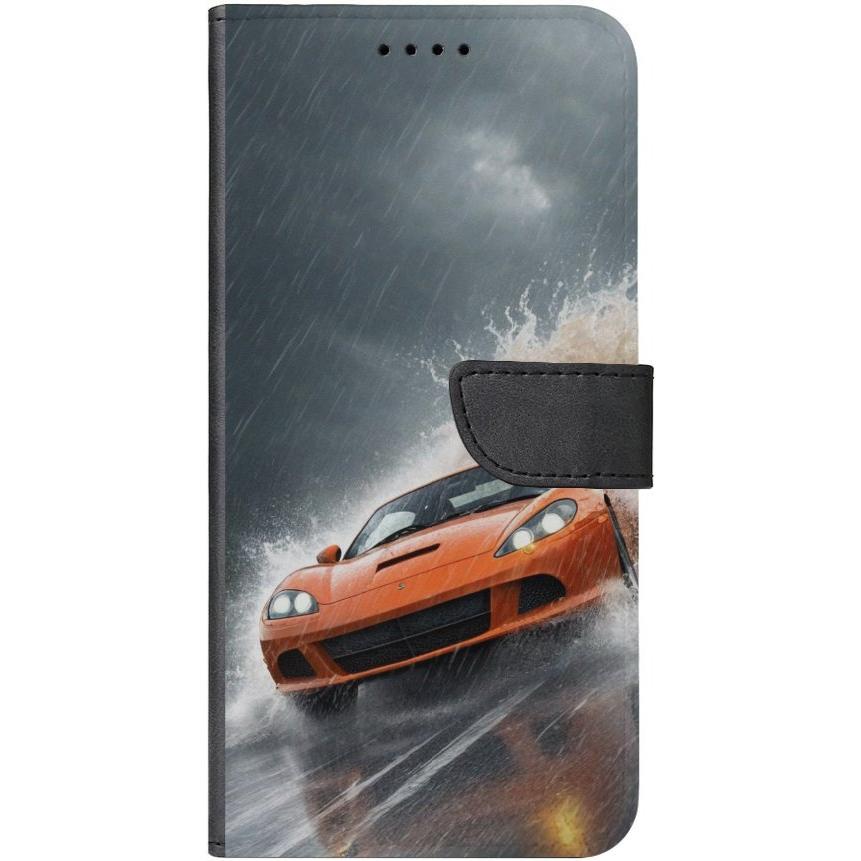 iPhone 15 Handyhülle aus Kunstleder mit Lasche Motiv 4 oranger Sportwagen - personalisierbar