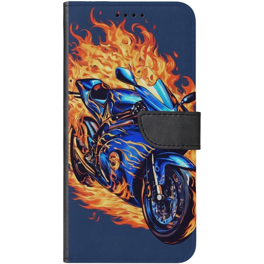 iPhone 13 Handyhülle aus Kunstleder mit Lasche Motiv 2 Motorrad in Flammen - personalisierbar
