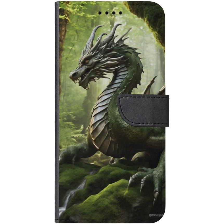 iPhone 15 Pro Max Handyhülle aus Kunstleder mit Lasche Motiv 30 grüner Drache - personalisierbar