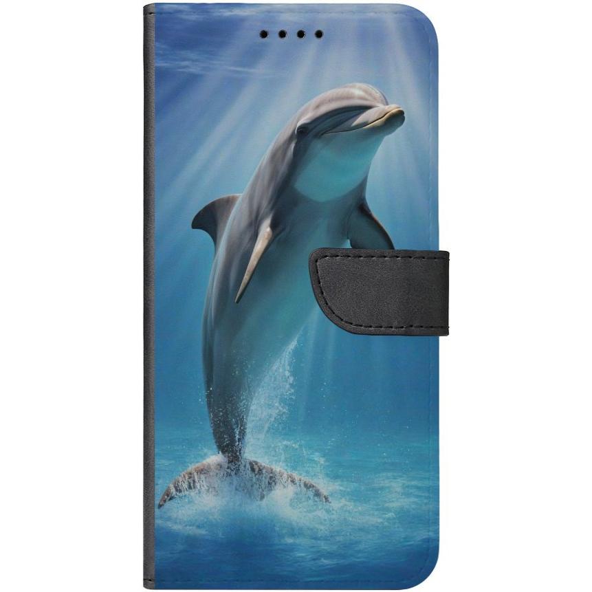 iPhone 15 Handyhülle aus Kunstleder mit Lasche Motiv 39 einzelner Delfin - personalisierbar
