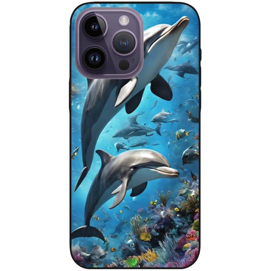 Hülle iPhone 14 Pro Max - Silikonhülle schwarz mit Motiv 40 Delfine - personalisierbar