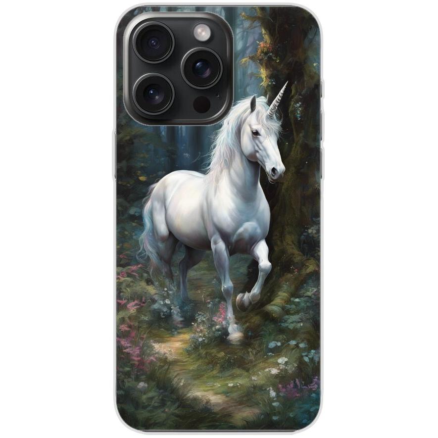 Handyhülle iPhone 15 Pro Max aus transparentem Silikon mit Motiv 44 Einhorn weiß - personalisierbar