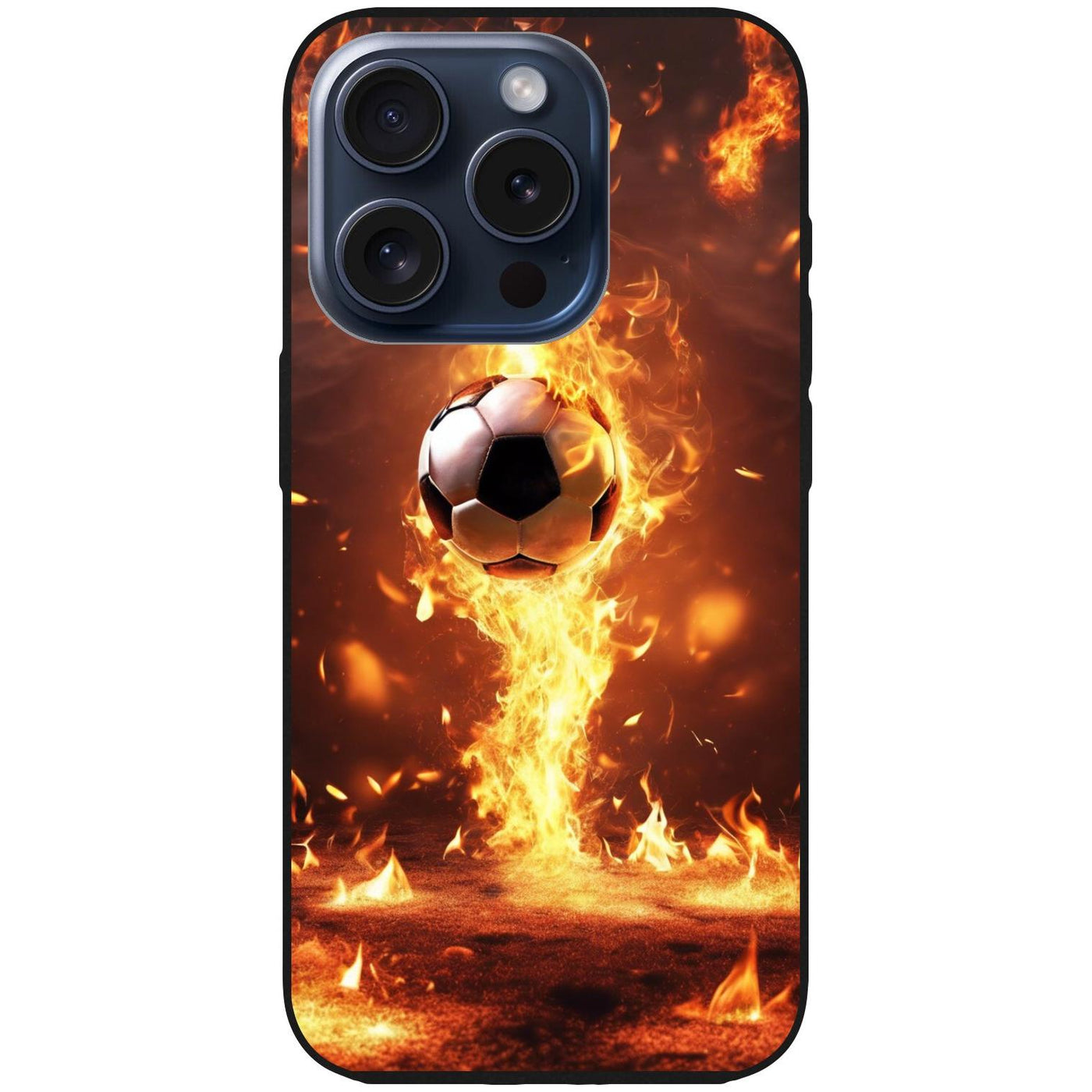 Handyhülle iPhone 15 Pro - Silikonhülle schwarz mit Motiv 37 Fußball in Feuer - personalisierbar