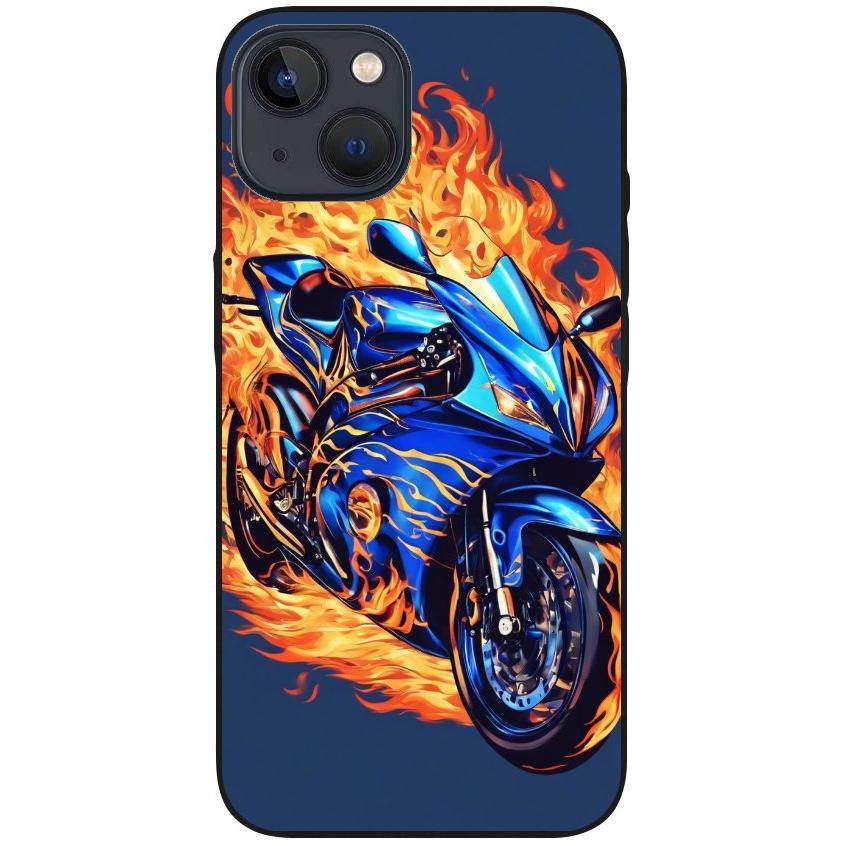 Hülle iPhone 13 - Silikonhülle schwarz mit Motiv 2 Motorrad in Flammen - personalisierbar