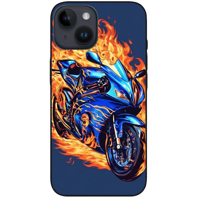 Hülle iPhone 14 - Silikonhülle schwarz mit Motiv 2 Motorrad in Flammen - personalisierbar