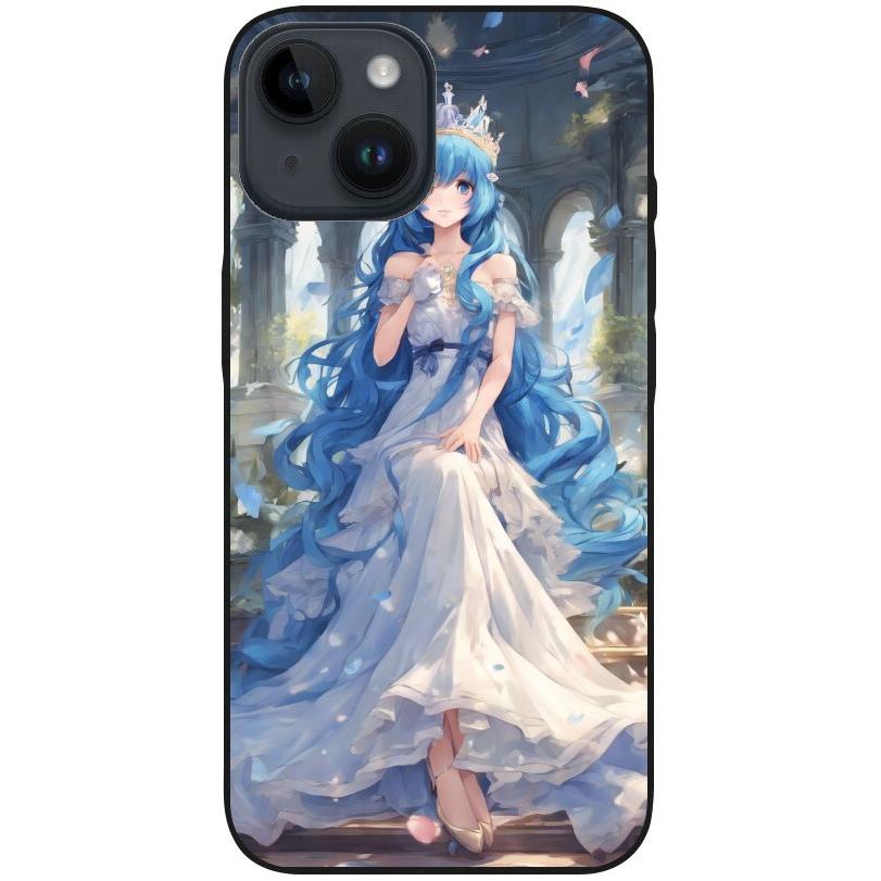 Hülle iPhone 14 - Silikonhülle schwarz mit Motiv 34 Anime blaue lange Haare - personalisierbar