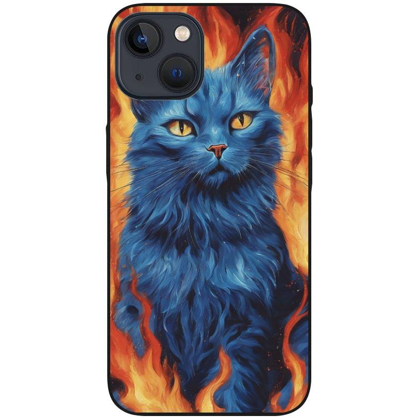 Hülle iPhone 13 - Silikonhülle schwarz mit Motiv 7 blaue Katze in Flammen - personalisierbar