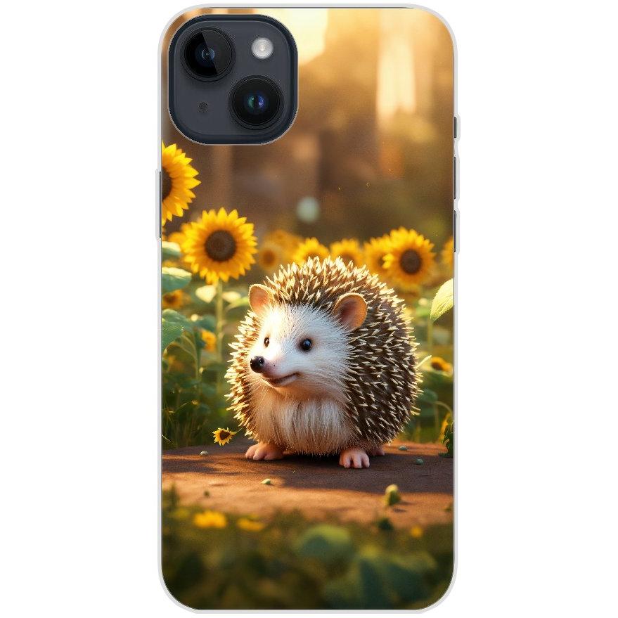 Handyhülle iPhone 14 Plus aus transparentem Silikon mit Motiv 20 süßer Igel Sonnenblumen - personalisierbar