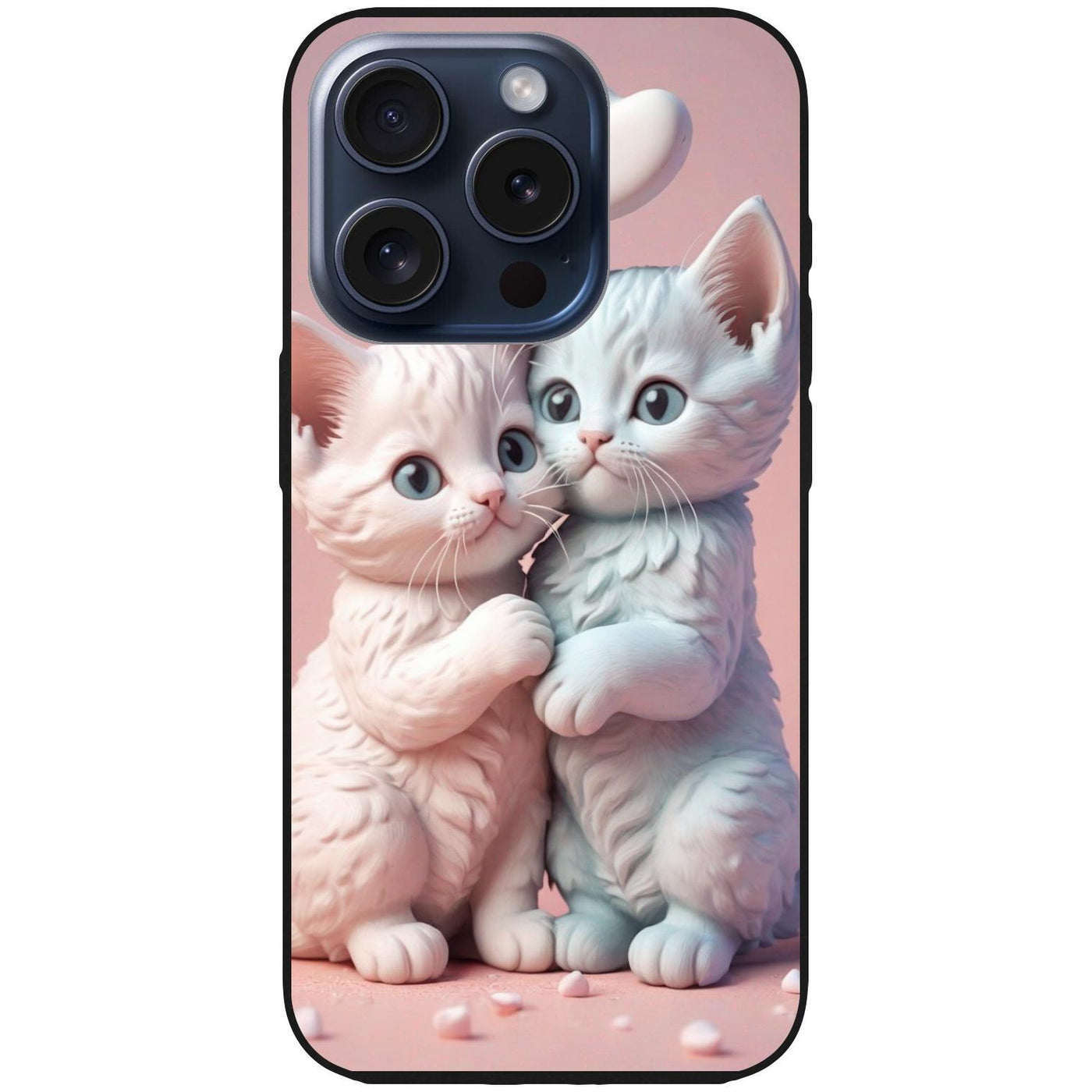 Handyhülle iPhone 15 Pro - Silikonhülle schwarz mit Motiv 1 zwei Kätzchen mit Herzen rosa - personalisierbar