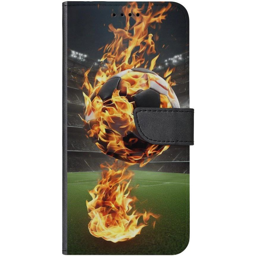 iPhone 14 Plus Handyhülle aus Kunstleder mit Lasche Motiv 38 Fußball in Flammen - personalisierbar