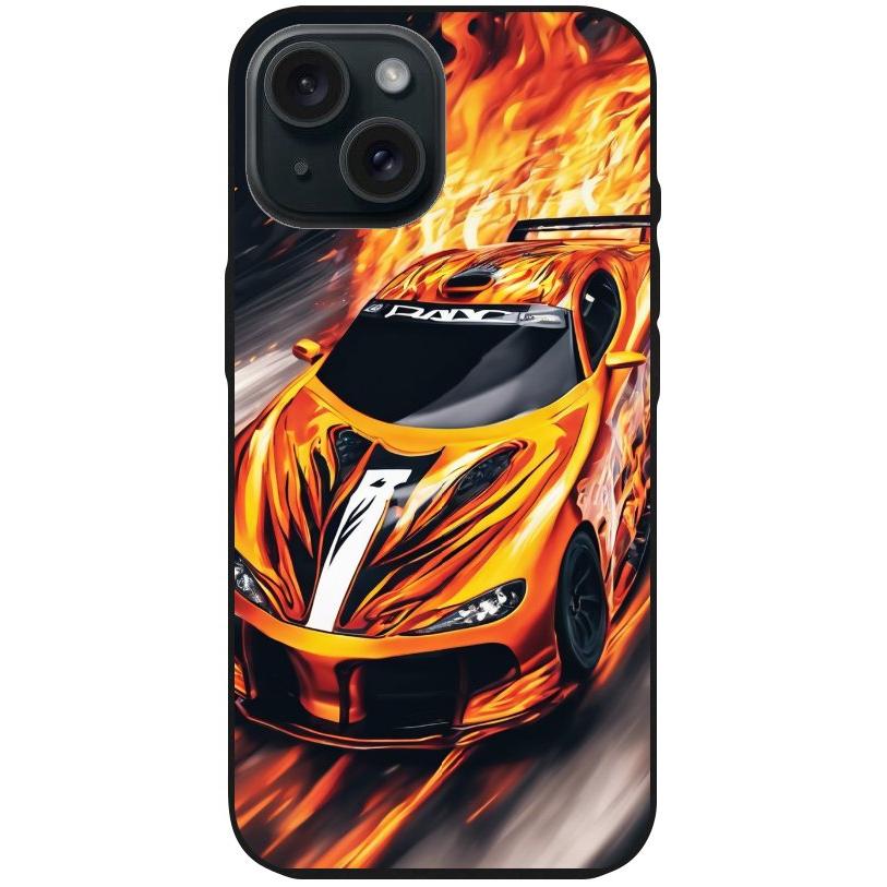 Handyhülle iPhone 15 - Silikonhülle schwarz mit Motiv 47 Sportwagen in Flammen - personalisierbar