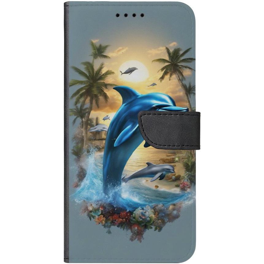 iPhone 15 Handyhülle aus Kunstleder mit Lasche Motiv 41 Delfin und Palmen - personalisierbar