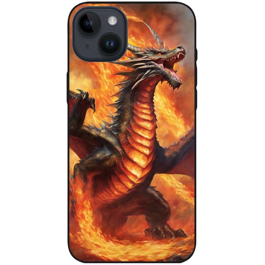 Hülle iPhone 14 Plus - Silikonhülle schwarz mit Motiv 12 Drache in Flammen - personalisierbar