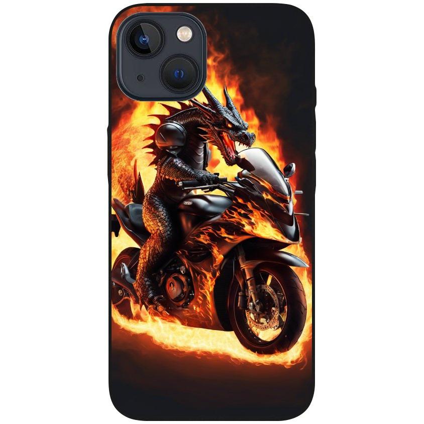 Hülle iPhone 13 - Silikonhülle schwarz mit Motiv 24 Drache auf Motorrad - personalisierbar