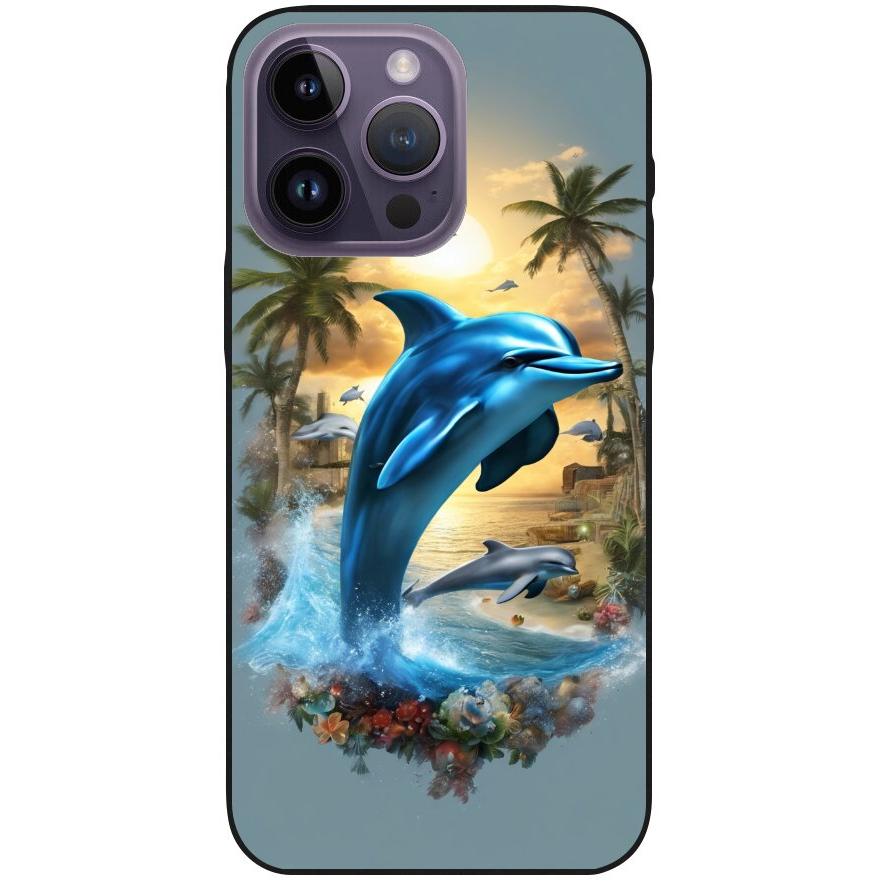 Hülle iPhone 14 Pro Max - Silikonhülle schwarz mit Motiv 41 Delfin und Palmen - personalisierbar