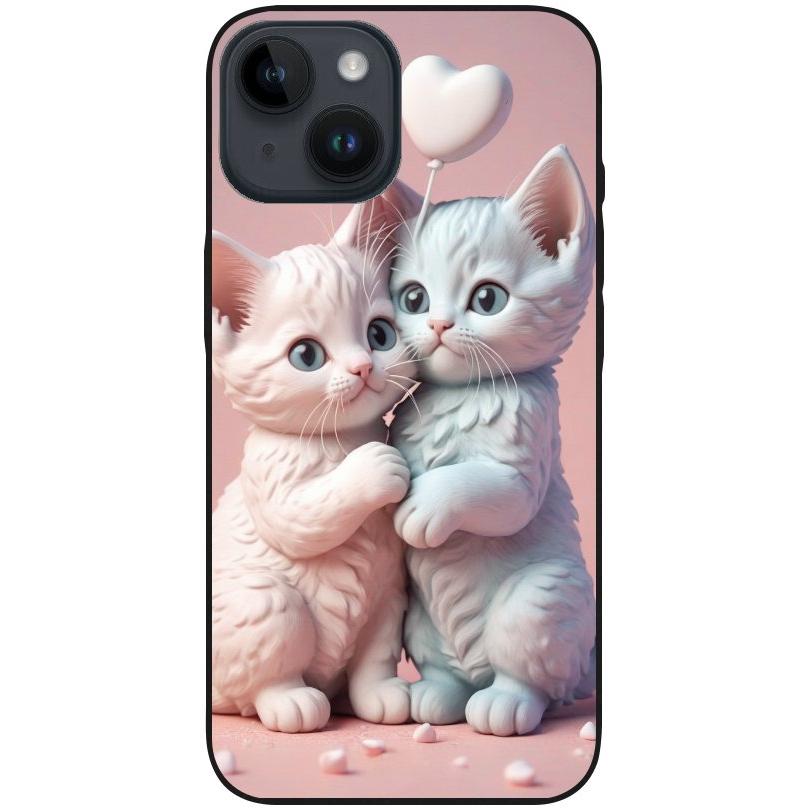 Hülle iPhone 14 - Silikonhülle schwarz mit Motiv 1 zwei Kätzchen mit Herzen rosa - personalisierbar