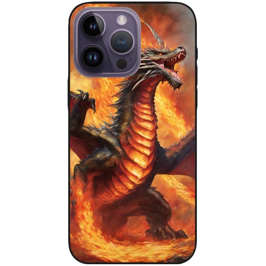 Hülle iPhone 14 Pro Max - Silikonhülle schwarz mit Motiv 12 Drache in Flammen - personalisierbar