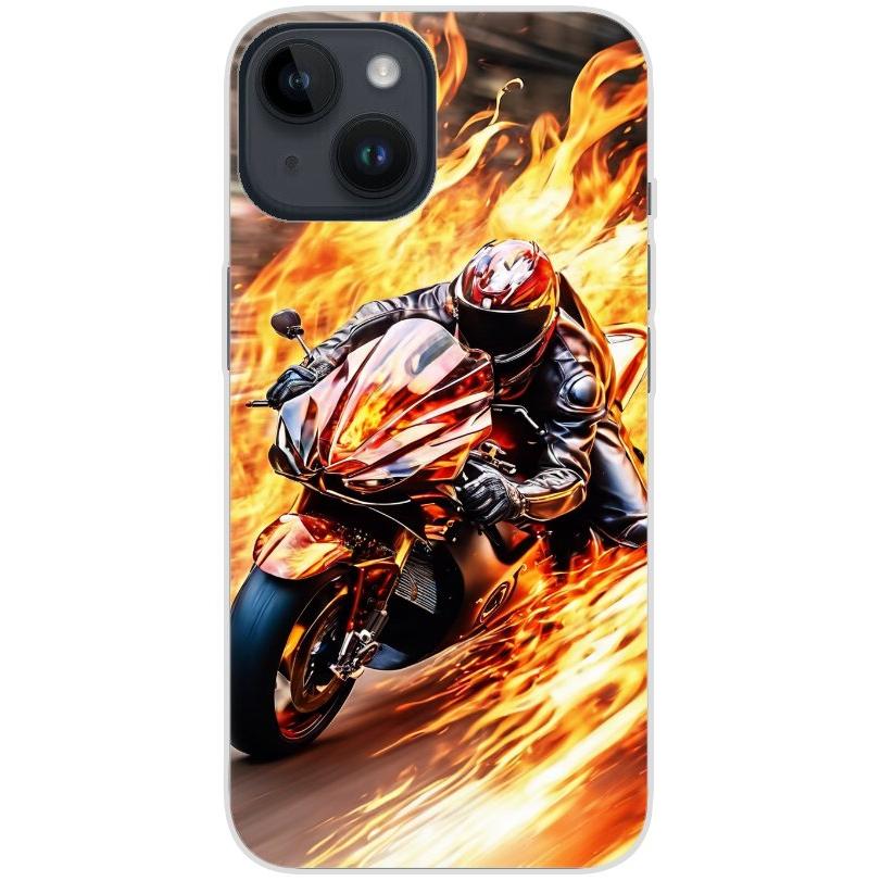 Handyhülle iPhone 14 aus transparentem Silikon mit Motiv 14 Motorradfahrer in Flammen - personalisierbar