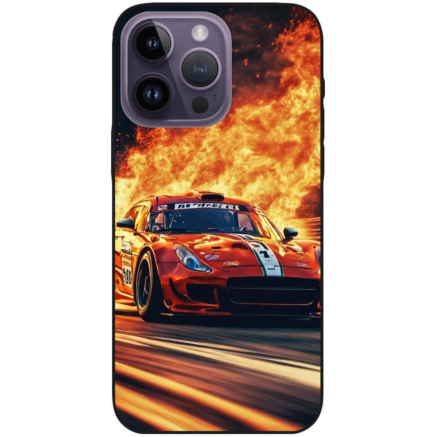 Hülle iPhone 14 Pro Max - Silikonhülle schwarz mit Motiv 28 roter Sportwagen in Flammen - personalisierbar