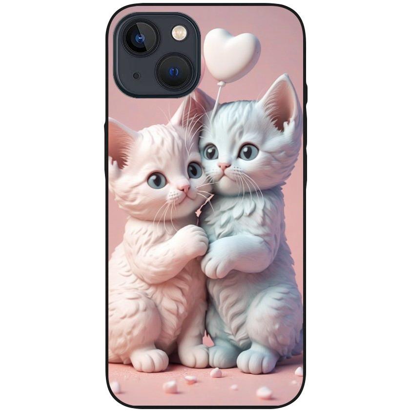 Hülle iPhone 13 - Silikonhülle schwarz mit Motiv 1 zwei Kätzchen mit Herzen rosa - personalisierbar