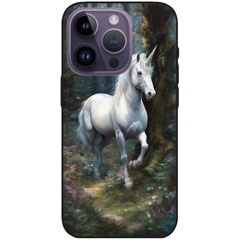 Hülle iPhone 14 Pro - Silikonhülle schwarz mit Motiv 44 Einhorn weiß - personalisierbar